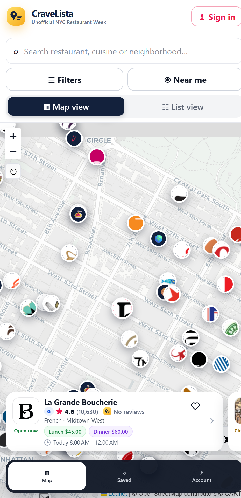 CraveLista app showing NYC Restaurant Week restaurants on a map with prices and hours
